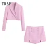 Tweede stuk TRAF TRAF VROUWEN SPROUWEN MET ROK SETS PARELE KNOP Gescheurd Blazer Woman 2 stuks Plaid Jacket Suit Mini Skirts vrouwelijke set 230822