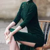 Ethnic Clothing Vintage Green Sexy Slim Mid Length Cheongsam Women Oversize Chinese Dress Mandarin Collar Elegant Party Dresses Classic