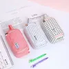 Learning Toys New Brief Grid Student Double-layer Pencil Case School pen Case for Girls Boys Stationery Large canvas Pencil Bag estojo