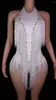 Scene Wear White paljetter fransar Leotard Sexig Tassel Bodysuit Dance Costume One-Piece Dancer Performance Show