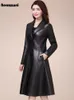 Kvinnorjackor Nerazzurri Spring Autumn Long Black Soft Faux Leather Coat Women Långärmade knappar Slim Fit Elegant Leather Jacket Women 230821