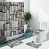 Rideaux de douche Planche de bois Mur Feuilles vertes Fleur Pierre Brique Rideau de salle de bain Ensemble Tapis antidérapants Tapis de flanelle Couverture de toilette