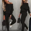 Women s Two Piece Pants 2023 Solid color pit stripe casual fall shoulder sloping top sports pants set for women 230822