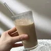 Vinglasögon Simple Stripe Glass Cup med lock och halm transparent bubbla Tea juice ölmjölkkoppar frukostmugg hem dryck