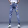 Men's Jeans Fashion Printed Korean Brand Embroidery Badge Pattern Youth Ripped Small Feet Teenagers Cowboy Pencil Pants 230822