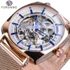 Forsining Or Rose Mécanique Hommes Montre-Bracelet Créatif Carré Transparent Affaires En Acier Maille Bande Sport Montres Automatiques Cadeau296q