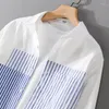 Мужские повседневные рубашки 2023 Дизайнерские мужские классические белые осени моды полосатые лоскутные лоскутные категории с длинным рукавом.
