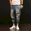 Hommes Jeans Foufurieux Hommes D'été Déchiré Cheville Longueur Surdimensionné Hip Hop Pantalon Denim Rayé Lâche Garçons Bleu Pantalon Vêtements