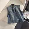 Kvinnors västar harajuku vintage kvinnor blå denim jacka väst ärmlös lös korta jeans topp koreanska mode streetwear coat med fickor