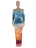 Basic Casual Dresse Gradient Tie Dye Printed Off Axel Long Sleeve Maxi Midi Bodycon Ruched Dress 2023 Sexy Party Club Female 230822