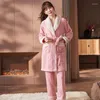 Men's Sleepwear Couples Nightgown Thick Coral Fleece Bathrobe Pants 2pcs Kimono Pajama Women Sexy Robe Home Service Lovers Homewear XXXL
