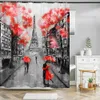 Rideaux de douche Parapluie rouge amant Paris tour rideau de douche ensemble de rideaux de salle de bain et couverture de baignoire tapis antidérapants tapis de bain tapis R230822