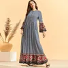 Casual jurken vintage etnische afdrukknop omhoog maxi lange jurk comfortabel viscose flare mouw Arab Oman zwaaien een lijn