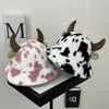 Wide Brim Hats Bucket Autumn and winter cow print horn fisherman hat female Korean fashion plush thickened warm basin 230821