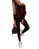 Women s Two Piece Pants 2023 Solid color pit stripe casual fall shoulder sloping top sports pants set for women 230822