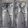 Herenjeans Italiaanse stijl mode mannen retro grijs blauw stretch slanke gescheurde gepatchte ontwerper vintage casual denim broek hombre