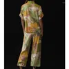 Women's Two Piece Pants 2023 Summer Women Fashion High Quality Linen Yellow-green Vintage Printed Single Button Short-sleeved Blouse Wide