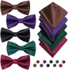 Bow Ties Hi-Tie 5pc Solid Silk Men slips Hanky ​​Cufflinks Set Coffee Purple Black Green Bourgogne Pre-bunt Futterfly Knot Bowtie för hane