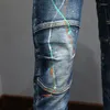 Męskie dżinsy streetwear moda moda retro niebieski splatany rozciąganie szczupła motocyklista Homme Painted Designer Hip Hop Ripped Pants Hombre