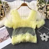 Women's Blouses Women Lace 3D Petal Mesh Splicing Chiffon T-Shirts Shirts Perspective Short Sleeve Gauze Pleated Floral Tees Jumpers Tops