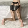 Women Socks Black Lines Striped Pantyhose Sexy Open Crotch Tights Oil Shiny Transparent Stockings Pole Dance Clubwear