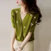 Damenblusen Mode florale Stickerei gestricktes Hemd Sommer Chic Single-Basted Female Kleidung elegante V-Ausschnitt-Freizeitschraubengewinde