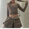 Women's T Shirts 2023 Summer Korean Bow Cross Lace-up Sexig Slim Long-Sleeved T-shirt Women Pleid Pleated Casual Mini Kjol Tvådelad kostym