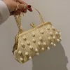 Evening Bags Summer Straw Woven Handbag Pearl Decorate Luxury Ladies Shoulder Bag Fashion Clamp Crossbody Purse Hand Made Top Clutch