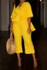 Kvinnors tvåbitar byxor Kvinnor Matchande Set Solid Color Ruffle Top Fashion Yellow Trousers African Suit Spring Femme 2023 Ankomster