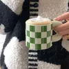 Mokken retro groene dambord keramische mug vet cup ontpit koffie latte paar water Koreaanse accessoires