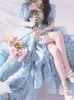 Bleu Floral soirée longue robe de plage été Vintage robes élégantes femme en mousseline de soie coréenne douce robe de princesse 230808