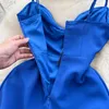 Vestidos casuais vestido de cinta de espaguete azul para mulheres 2023 verão elegante sem mangas V pescoço traseiro na cintura alta uma linha joelho lnegth party