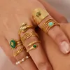 Band Rings Uworld Stainless Steel Natural Stone Green Turquoise Malachite Ring Women Bohemian Stylish Big Summer Jewelry 230822