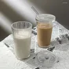 Vinglasögon Simple Stripe Glass Cup med lock och halm transparent bubbla Tea juice ölmjölkkoppar frukostmugg hem dryck