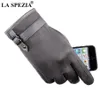 La Spezia Mens Suede Gloves Touch Screen Male Navy Blue Velvet Gloves Thermal Solid Patchwork Leather Autumn Winter Mittens Men 20281E