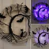 Andra evenemangsfestleveranser Halloween Wreath Light Up Accessorie Ornaments Black Bat Cat Spooky Party Wreath With Light Glowing Garland för ytterdörrväggen 230821