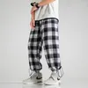 Calças masculinas tpjb coreano masculino xadrez vintage breting risques wide straight calças de streetwear moda moda de tamanho grande