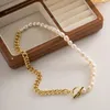 Choker Allme Chic Freshwater Pearl Women 18k Real Gold Plated Brass Chunky Curb Chain OT CLASP Asymmetry Halsband