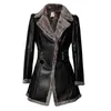 Veste en cuir pour femme, taille ample, automne-hiver, fausse veste polaire, Slim, longs manteaux pour dames, manteau en PU, revers, coupe-vent 3XL