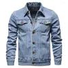 Jackets masculinos Men Jacket Jacket Denim Color Solid Lapeel Bolsões Bolsas de Spring Autumn Slim Fash Fashion Artigo Macicleta Jeans de Motocicleta