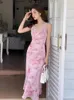 Casual jurken Zomer Fairy Lange jurk voor vrouwen Elegante zoete roze print sexy riem slanke midi feest strand gewaad femme mujer vestidos straat