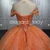 Orange col transparent princesse Quinceanera robes à manches courtes Gillter paillettes perlées à lacets Corset vestidos coing anos