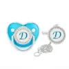 Blue Baby Pacifier and Pacifier Clips BPA Free 26 Letters Name Silicone Infant Nipple Gold Bling Newborn Dummy Soother