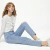 Frauen Jeans Frühling Sommer Frauen gerade Bein Mode Knie gerissene hohe Taille lose Frau lässig bequeme blaue Jeanshosen