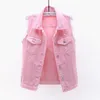 Chalecos de mujer Primavera Verano sin mangas de un solo pecho Chaleco de mezclilla rosa mujeres cuello vuelto chaqueta de Jean corto abrigos Mujer