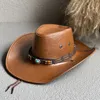 Sztuczna skórzana czapka kowbojska dla kobiet mężczyzn na świeżym powietrzu Słońce Hat Vintage dżentelmen Dress Hat Panama Cowgirl Jazz Cap