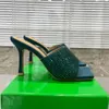 Nuovi rosoni di rughi Slides sandali tacchi quadrati slip su scarpe da punta a tacco aperto da donna scarpe da sera di lusso da 10,5 cm calzature in fabbrica di fabbrica satinata