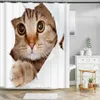 Shower Curtains Cartoon lovely Cat Printed 3D Shower Curtain Waterproof Bathroom Curtain Anti-slip Bath Mat Set Rugs Carpet Home Decor R230822