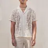 Men's Casual Shirts Luxury Clothing Sexy Transparent Embroidery Mesh Lace Vintage Buttoned Lapel Short Sleeve See Through Shirt Men Y2K