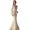 Elegant Long Mother Of The Bride Groom Dresses Champgne Lace Applique Satin Mermaid Wedding Guest Gowns Jewel neck Arabic Plus Size Prom Evening Dress